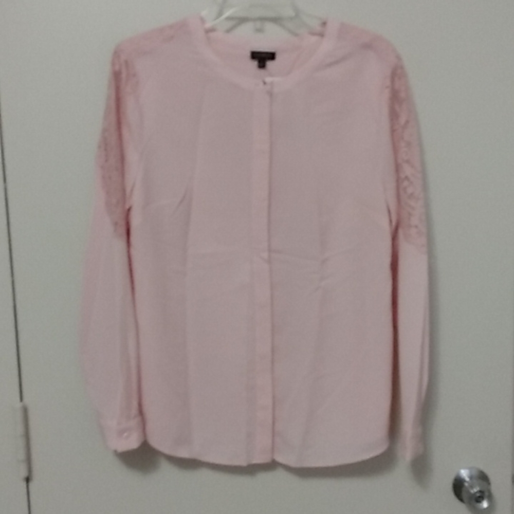 Talbots New Pink Lace Silky Long Sleeve Button Down Shirt Blouse Size L